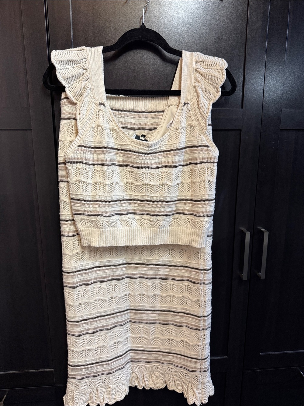 Cream Striped Knit Tank & Skirt Set
